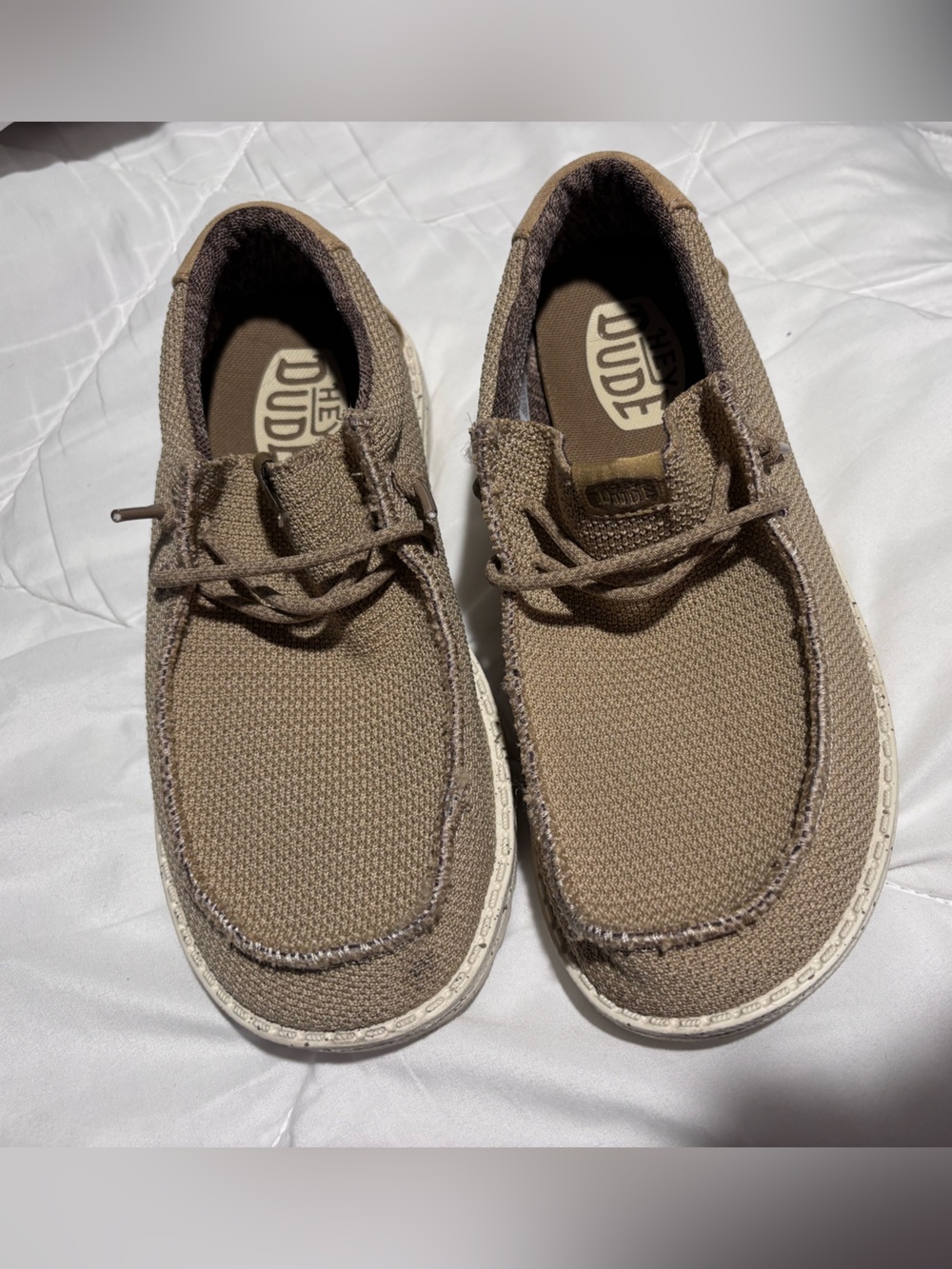 Hey Dude youth Tan Knit Casual Slip-On Loafers. Wally youth sport mesh. - Picture 3 of 8